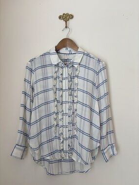 Pilcro Ivory & Blue Plaid Tuxedo Ruffle Flannel Shirt XSP